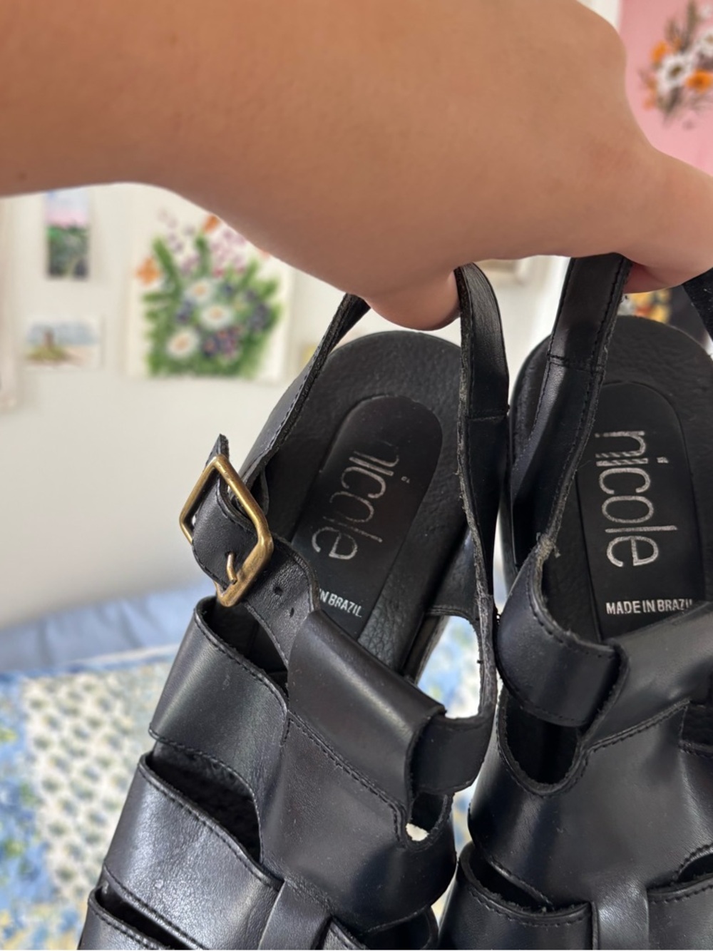 Black leather Women's Platform Fisherman Sandals - Picture 6 of 9